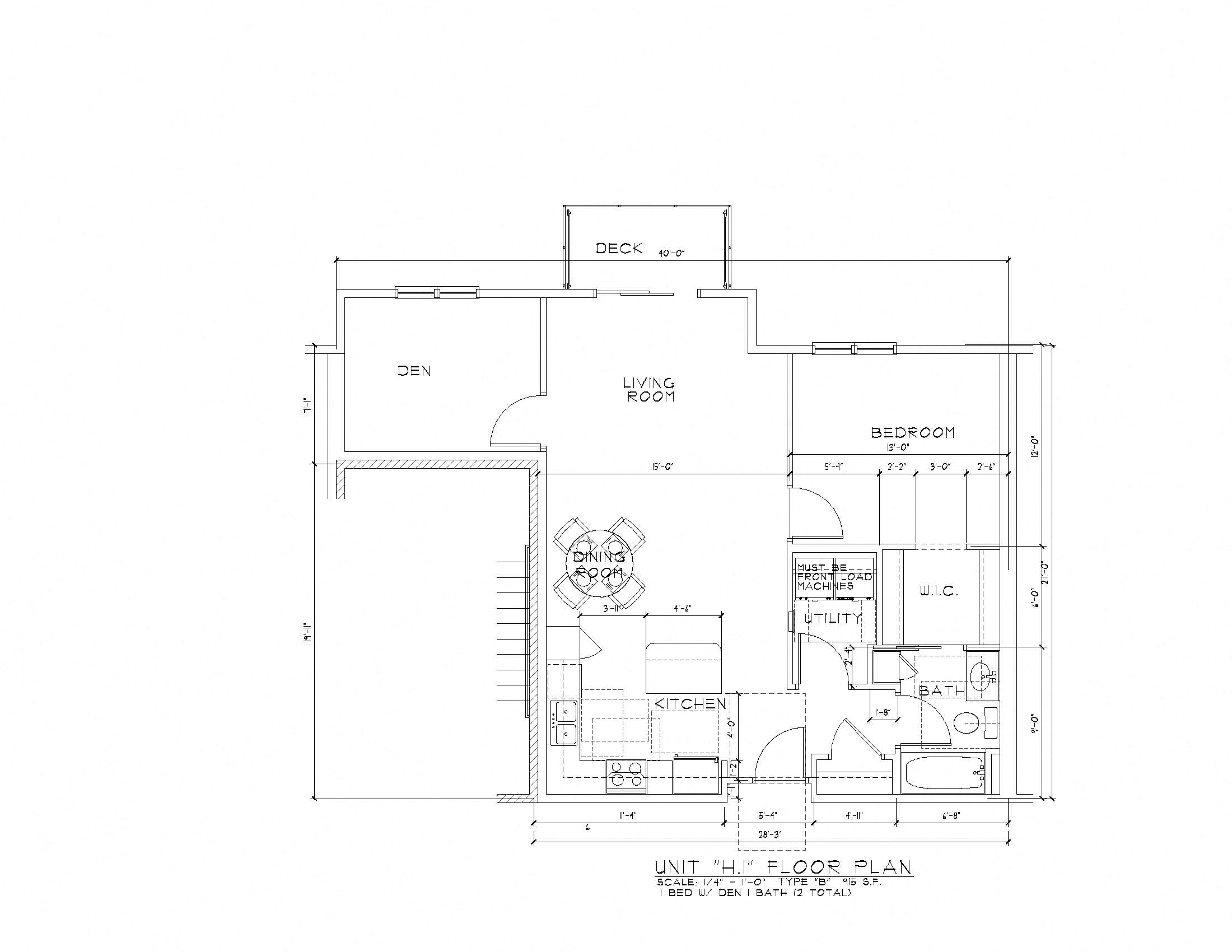 Floor plan for 1 bed, 1 bath, 915 sqft